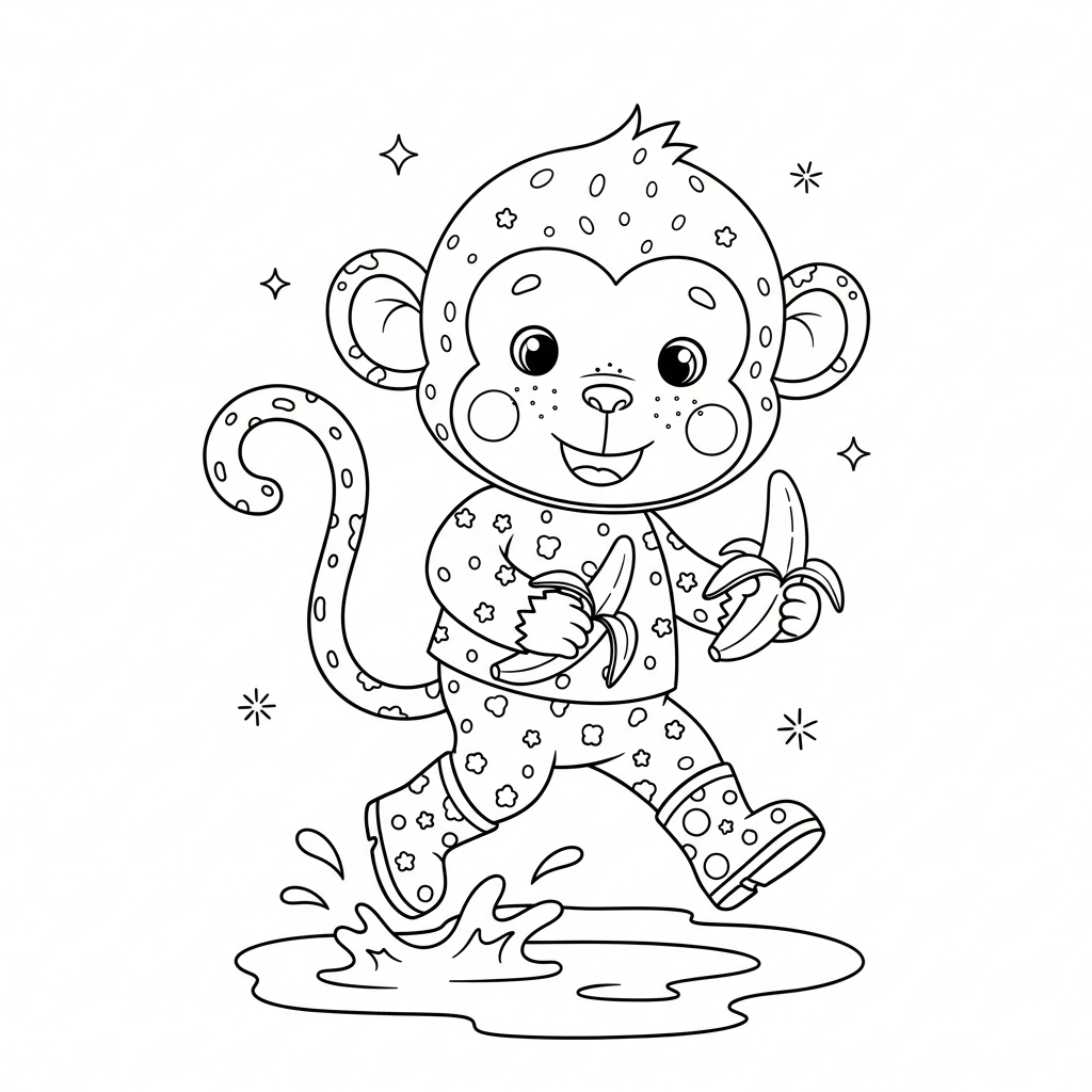 Desenho de macaco para colorir pulando em poça d'água com botinha