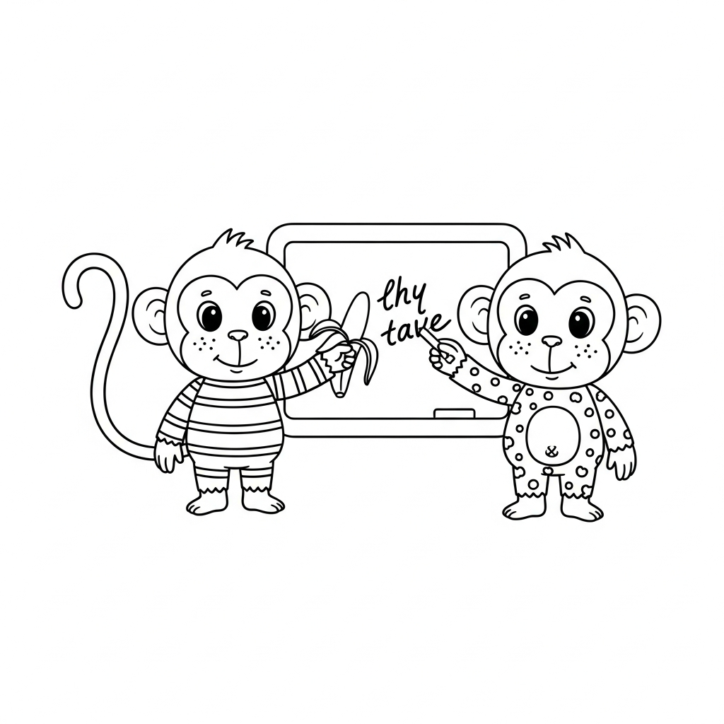 Desenho de macaco para colorir escrevendo em quadro-negro com giz