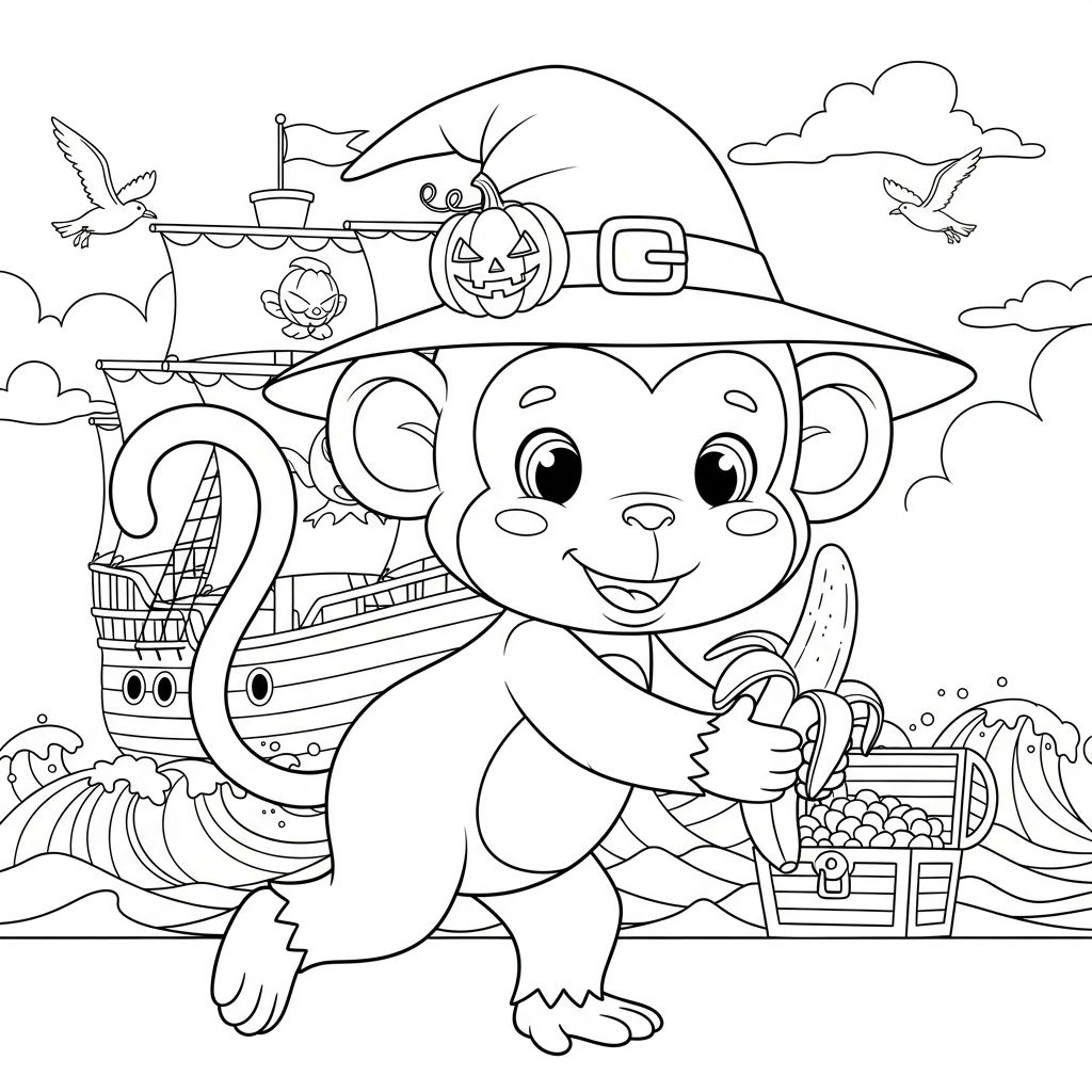 Desenho de macaco para colorir usando chapéu de bruxa em navio pirata