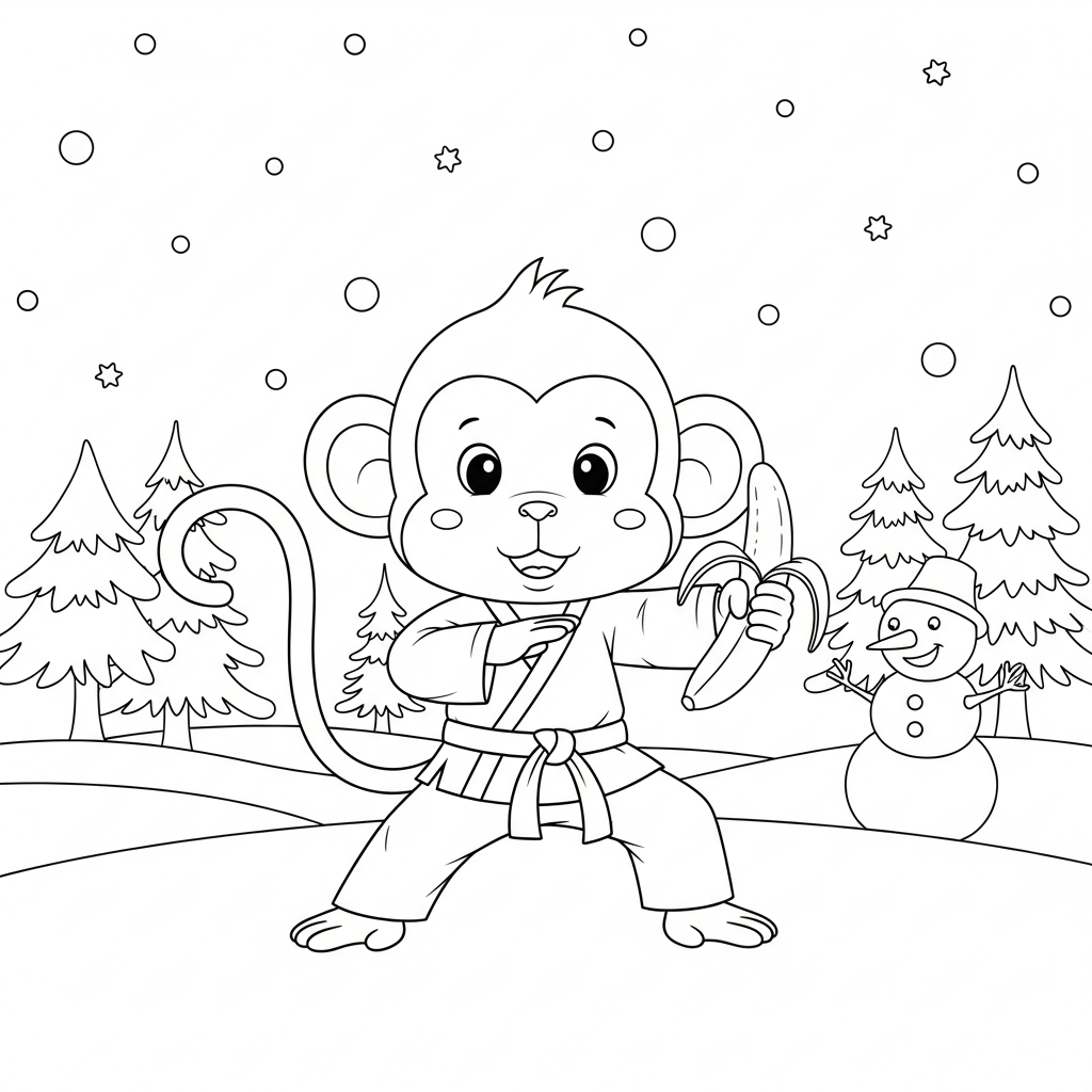 Desenho de macaco para colorir praticando karatê em ataque na neve com pinheiros