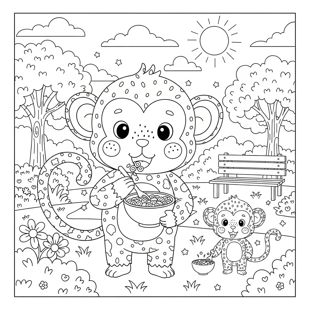 Desenho de macaco para colorir comendo cereal na tigela em parque ensolarado com árvores