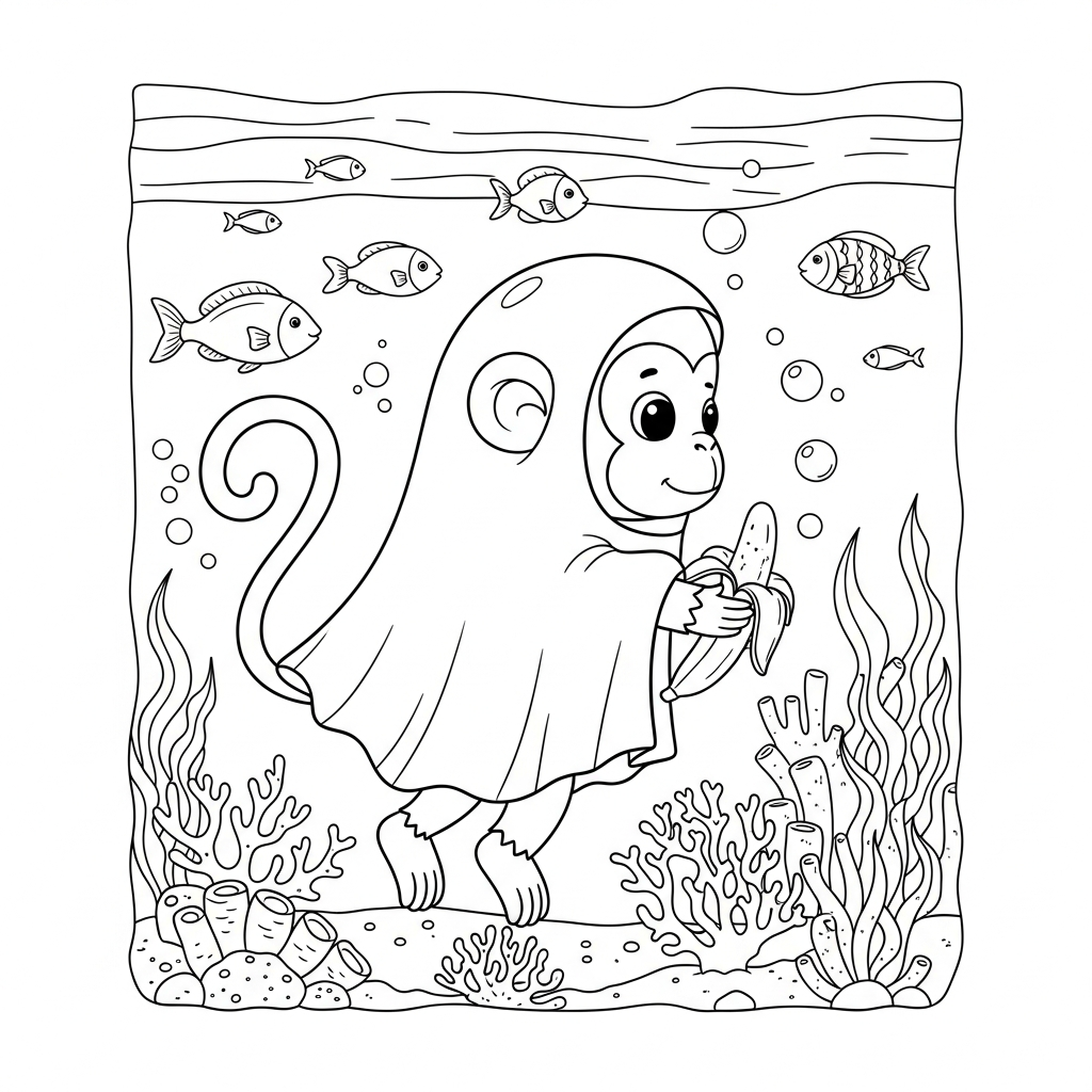 Desenho de macaco para colorir vestido de fantasma no fundo do mar.