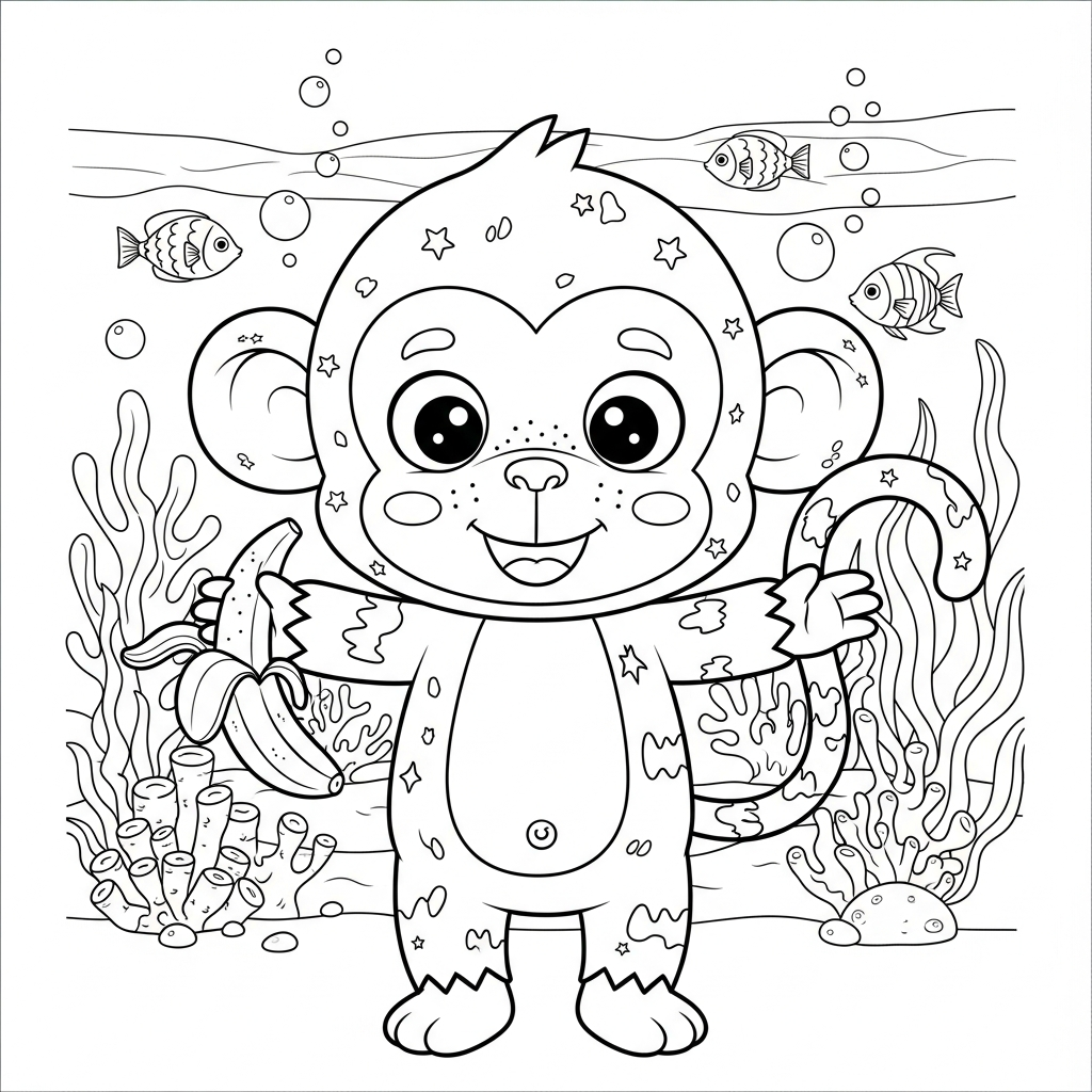 Desenho de macaco para colorir vestido de zumbi engraçado no fundo do mar
