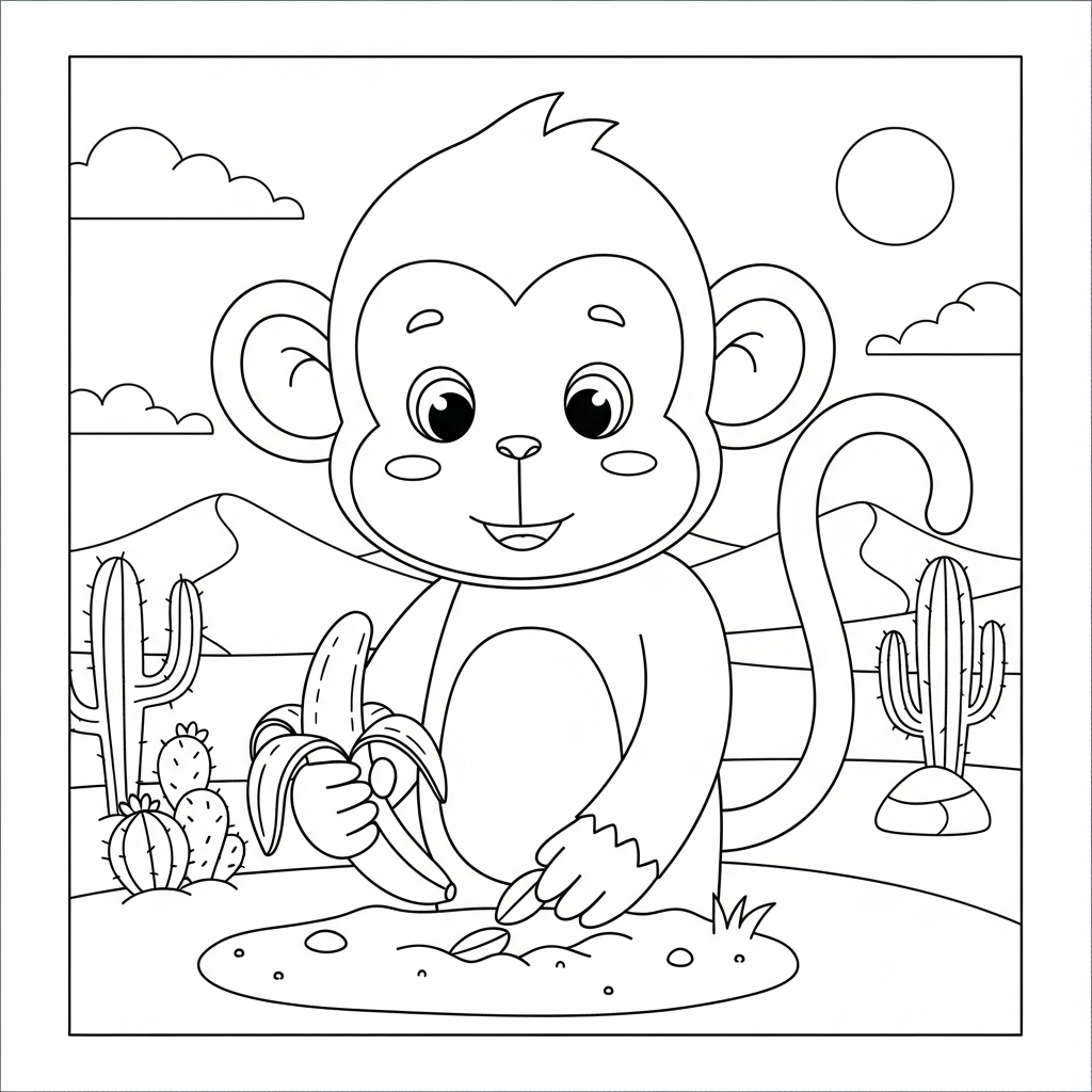 Desenho de macaco para colorir plantando semente no canteiro no deserto com cactos