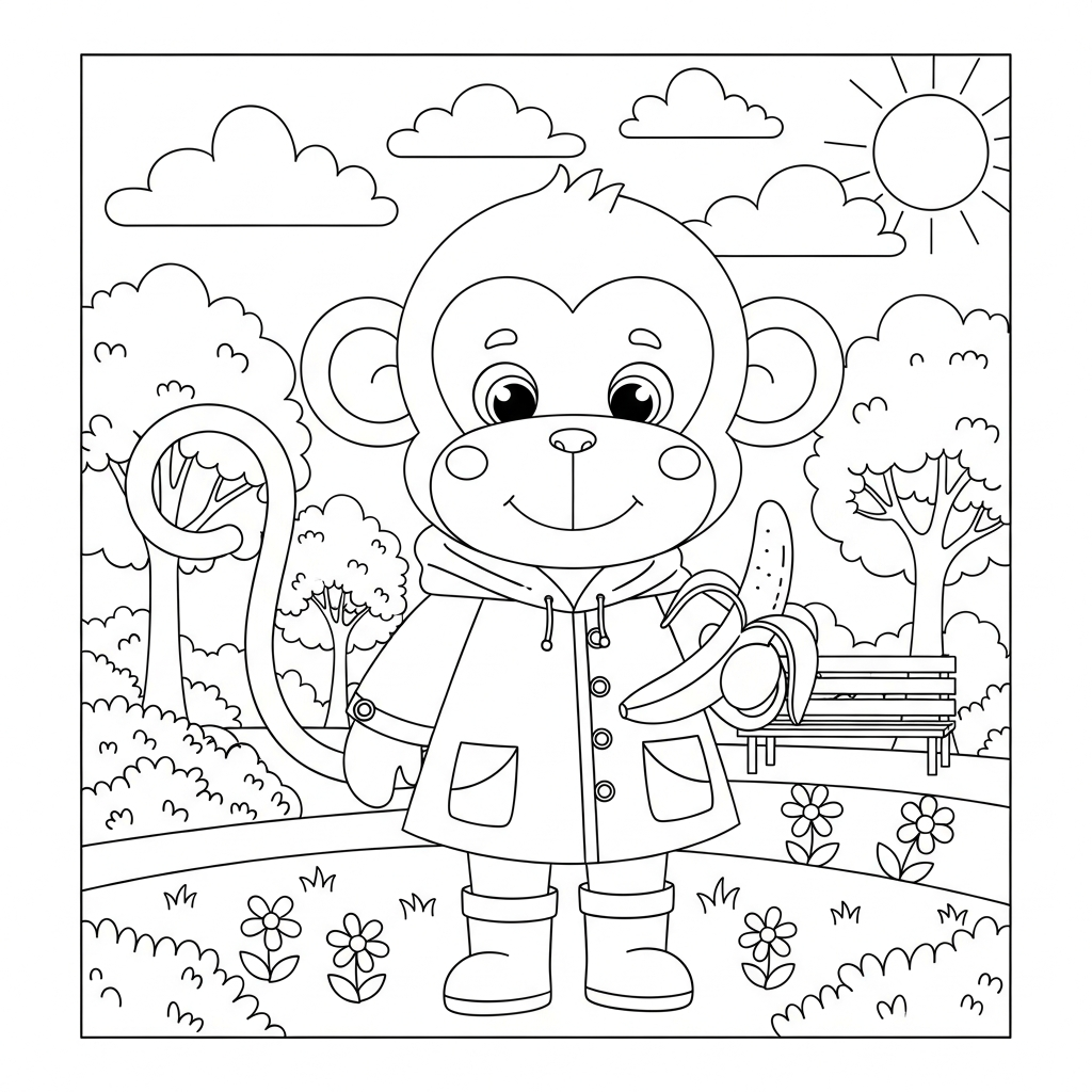 Desenho de macaco para colorir usando capa amarela e botinha no parque ensolarado.
