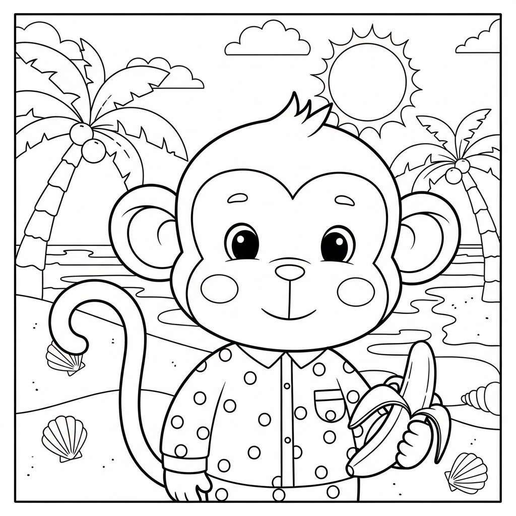 Desenho de macaco para colorir em pijama de festa na praia com palmeiras