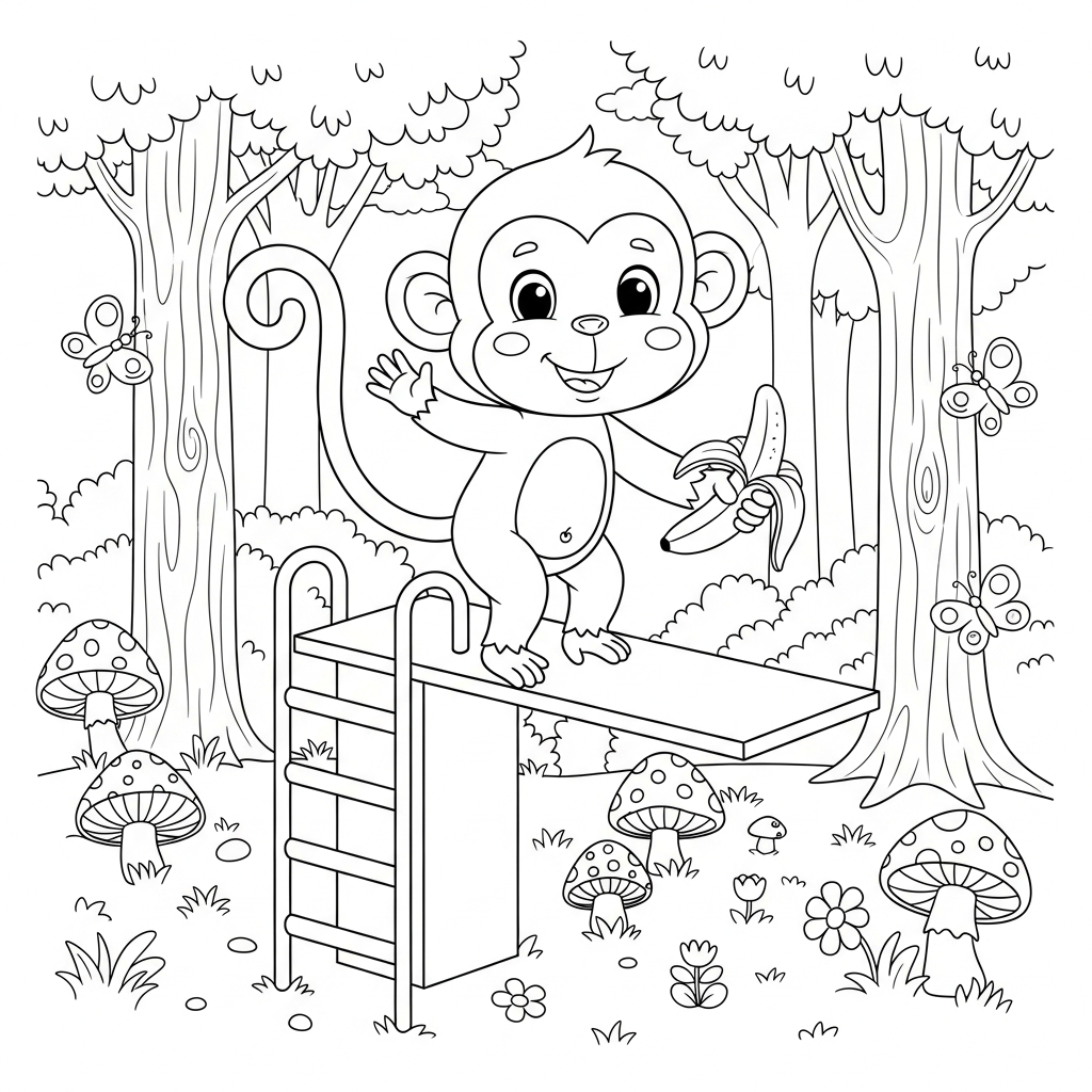 Desenho de macaco para colorir acenando do trampolim na floresta com cogumelos e borboletas