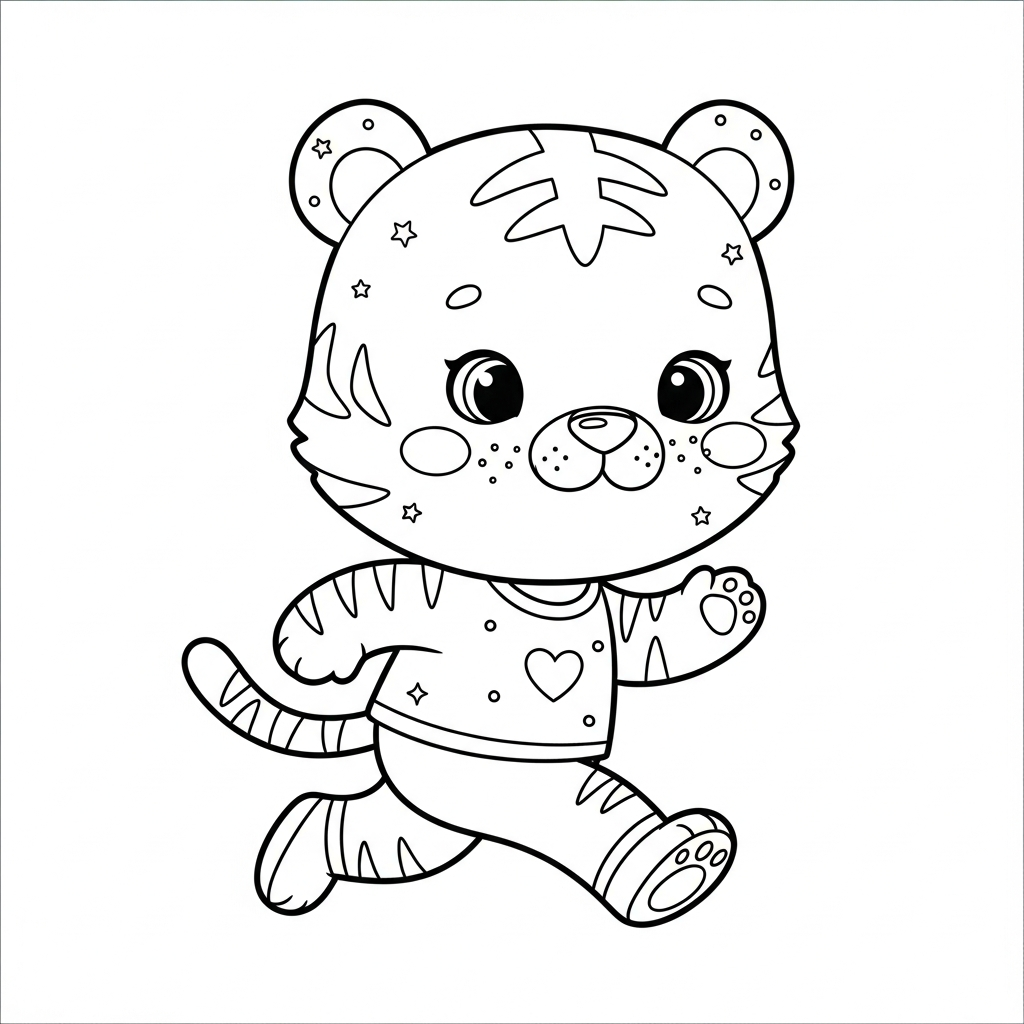 Desenho de tigre para colorir correndo alegremente com expressão divertida
