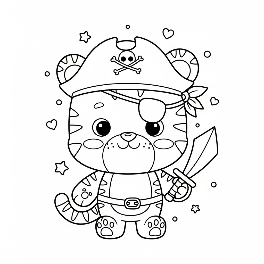 Desenho de tigre para colorir usando chapéu de pirata e tapa-olho com estrelinhas e corações.