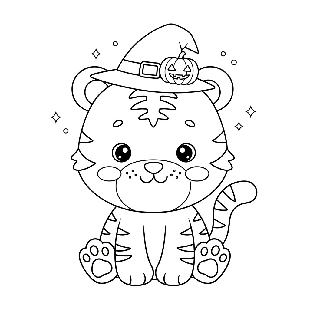 Desenho de tigre para colorir usando chapéu de bruxa ao lado de abóbora