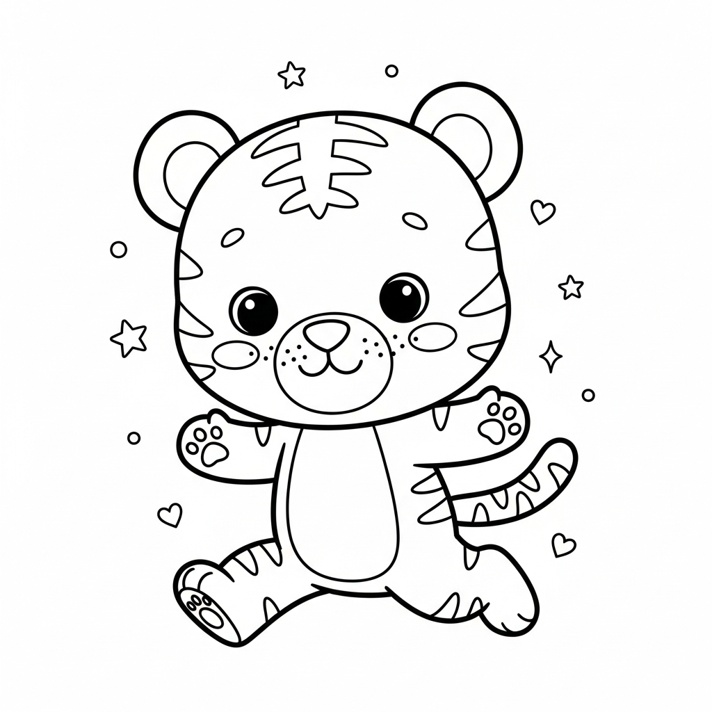 Desenho de tigre para colorir correndo no pega-pega com estrelinhas e corações.