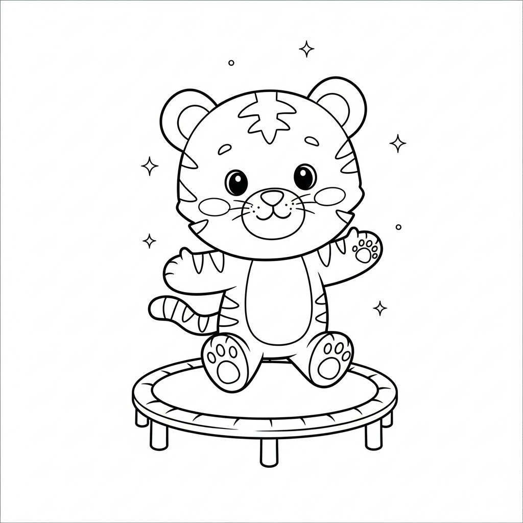 Desenho de tigre para colorir pulando em cama elástica com bola pequena