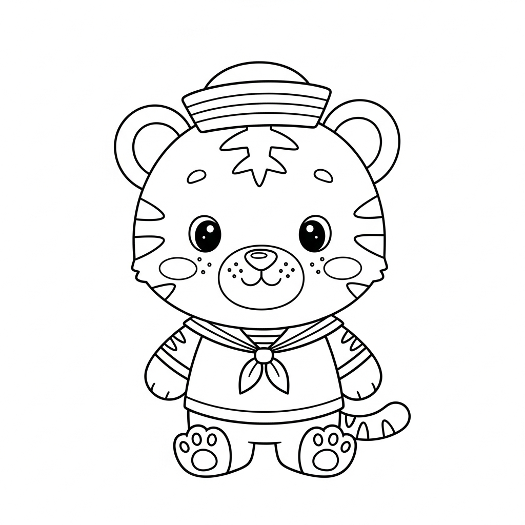 Desenho de tigre para colorir vestido de marinheiro com chapéu listrado