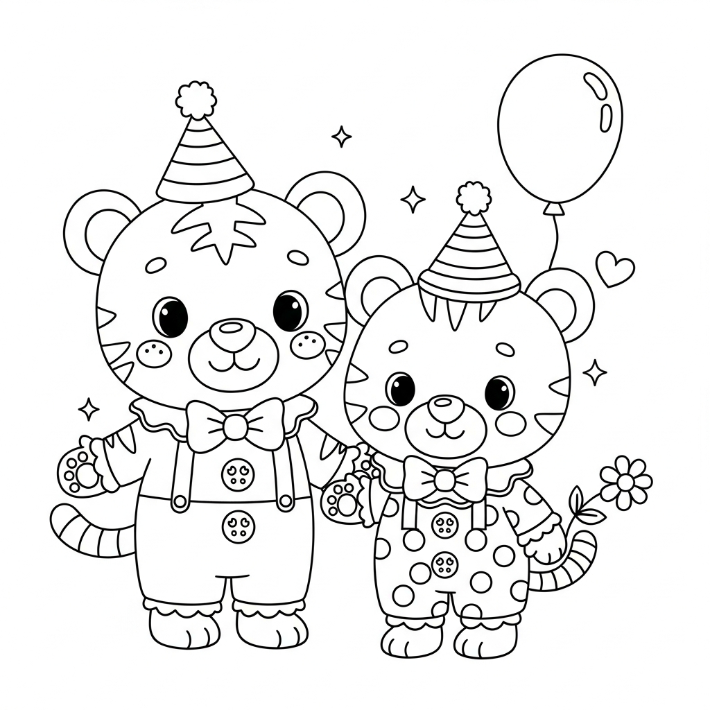 Desenho de tigre para colorir vestido de palhaço, com nariz, laço e balão pequeno.