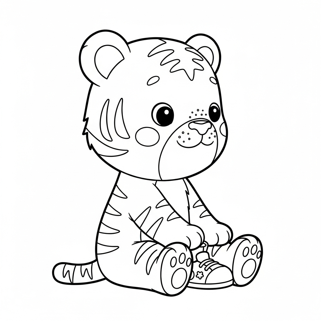 Desenho de tigre para colorir sentado colocando os sapatos.