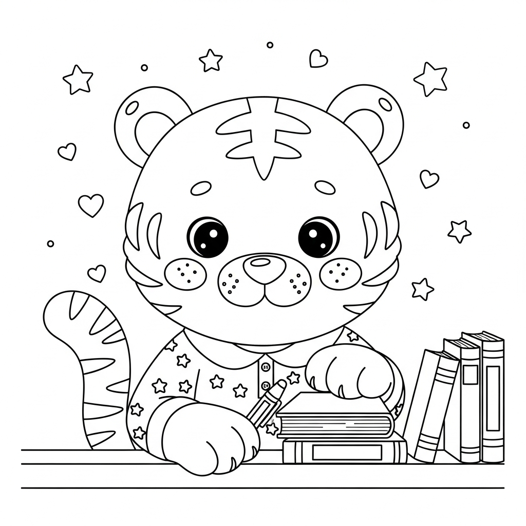 Desenho de tigre para colorir organizando livros na estante com estrelinhas e corações
