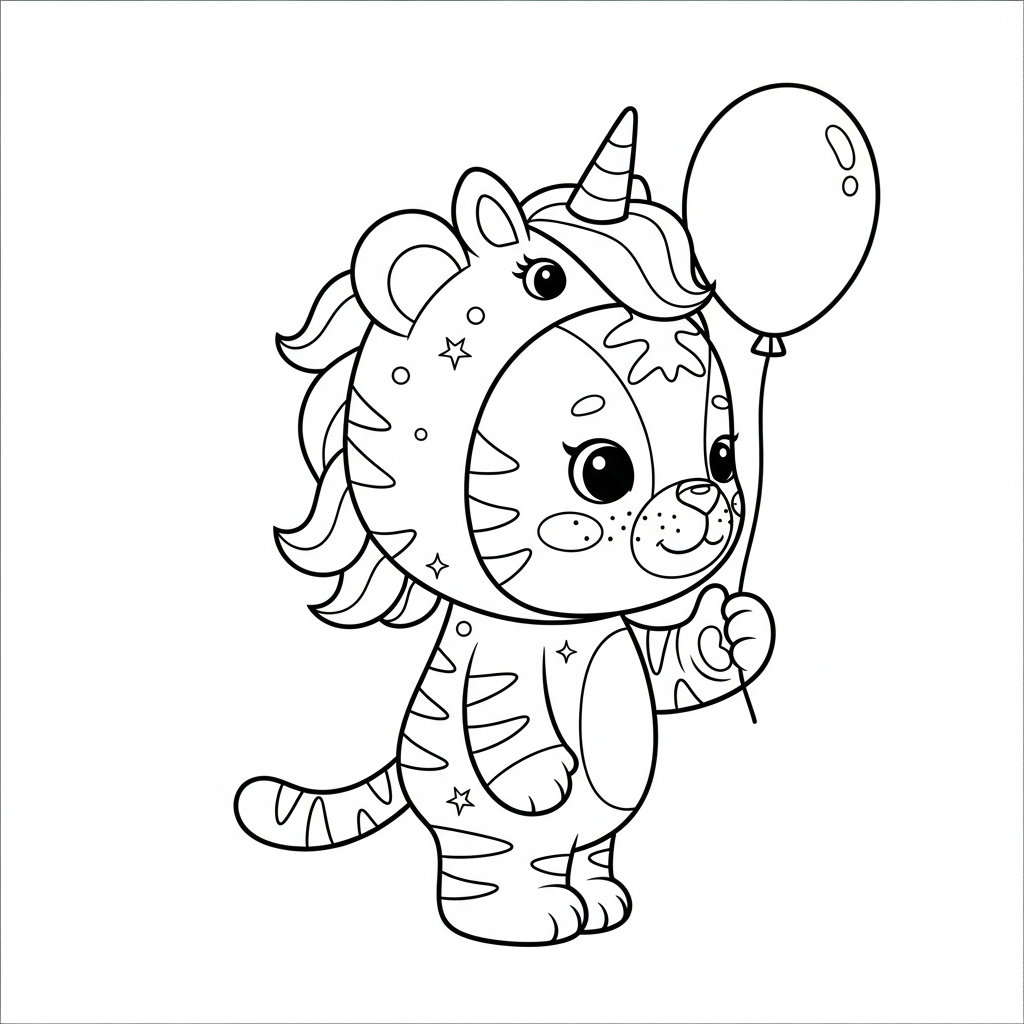 Desenho de tigre para colorir vestido de unicórnio com chifre, crina ondulada e estrela.