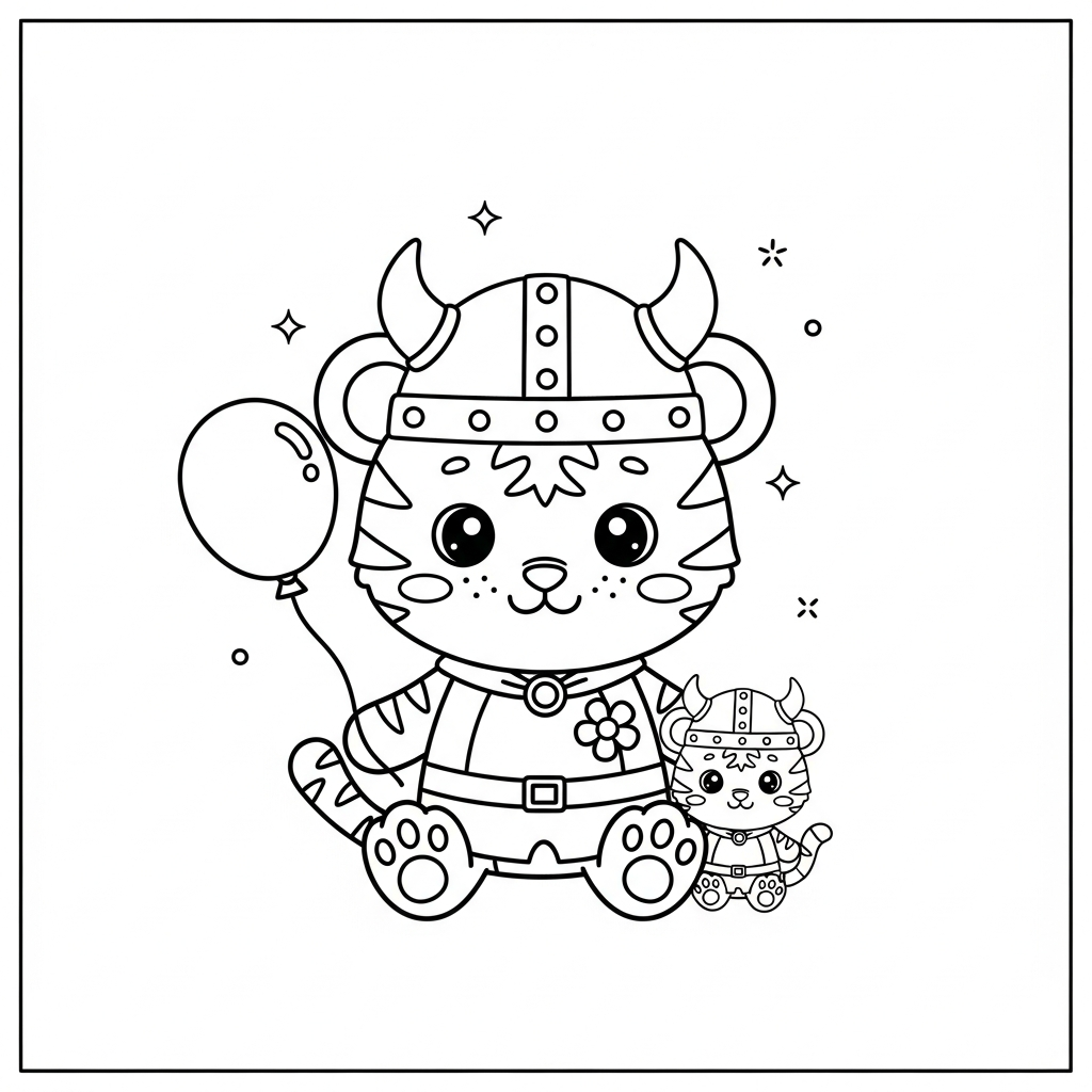 Desenho de tigre para colorir vestido de viking com elmo de chifres e machado pequeno