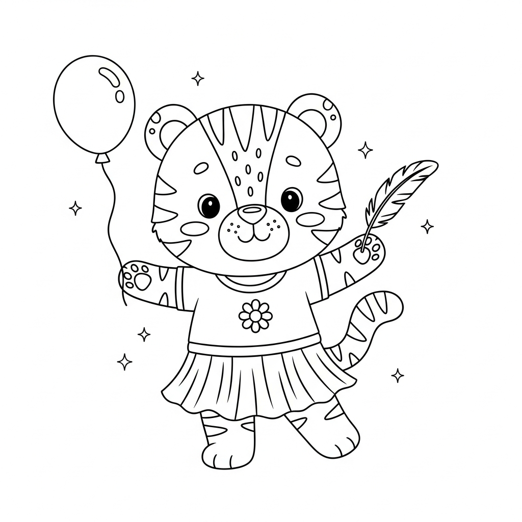 Desenho de tigre para colorir dançando samba com pluma ao lado de pandeiro.