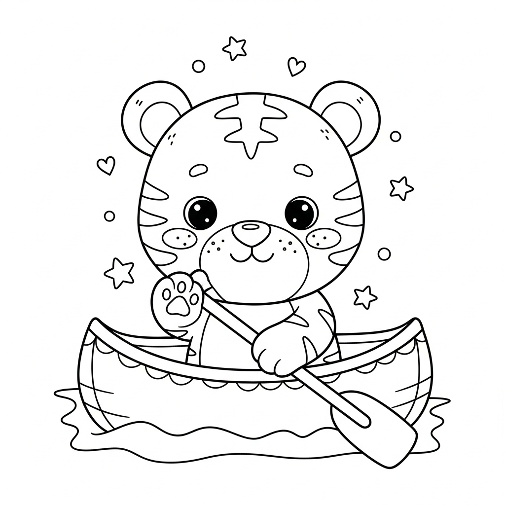 Desenho de tigre para colorir remando em canoa no rio com estrelinhas e corações