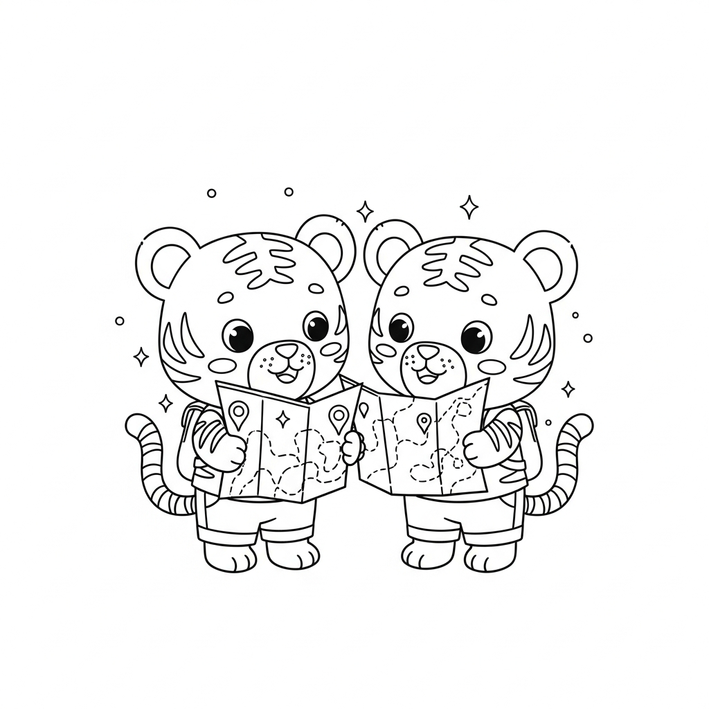 Desenho de tigre para colorir seguindo trilha com mapa nas mãos