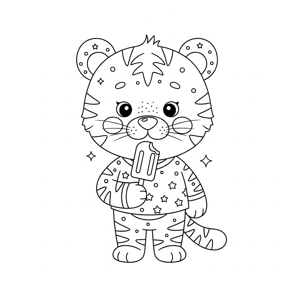 Desenho de tigre para colorir segurando um picolé na mão