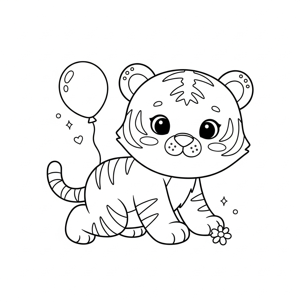 Desenho de tigre para colorir agachado alcançando uma bolinha no chão