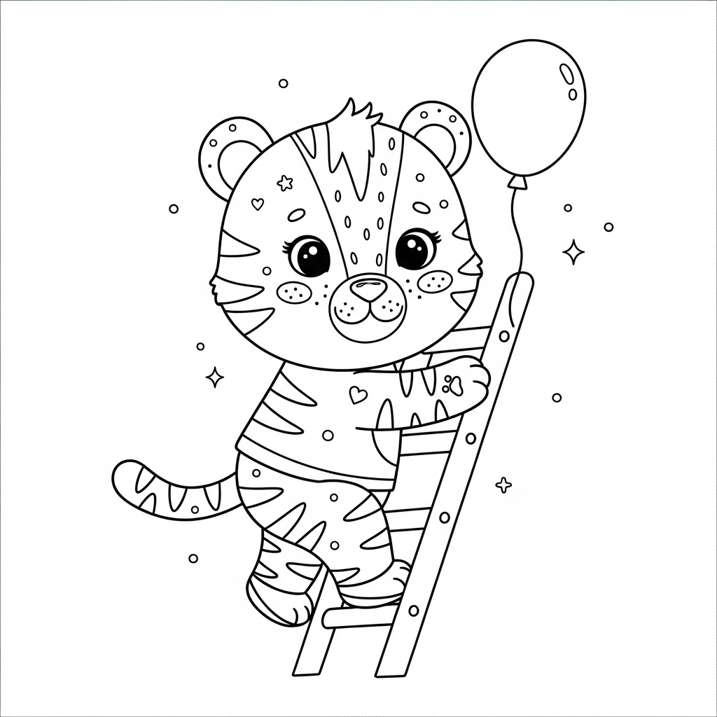 Desenho de tigre para colorir subindo em escada de mão com balde pequeno