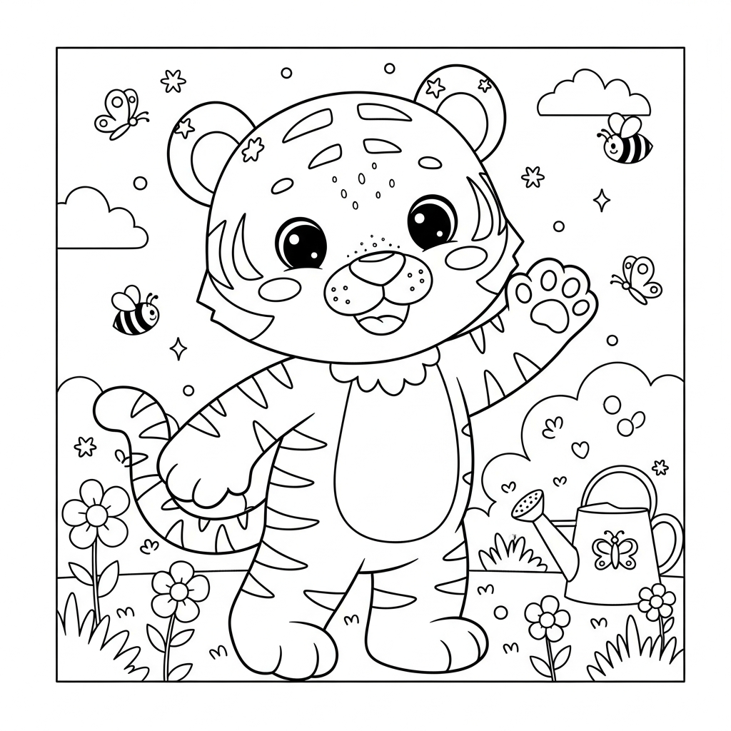 Desenho de tigre para colorir em pé acenando sorridente no jardim com flores e abelhas.