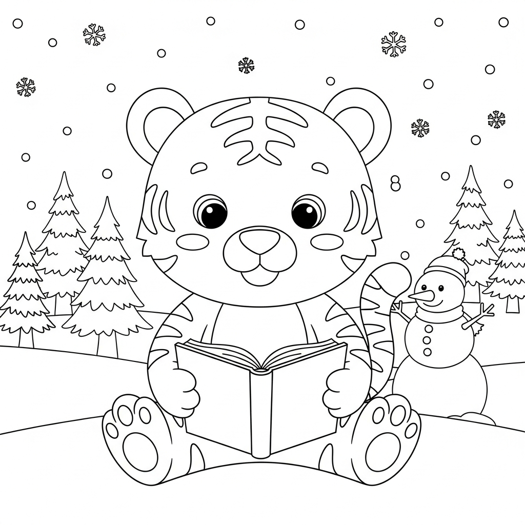 Desenho de tigre para colorir sentado de pernas cruzadas lendo livro na neve.