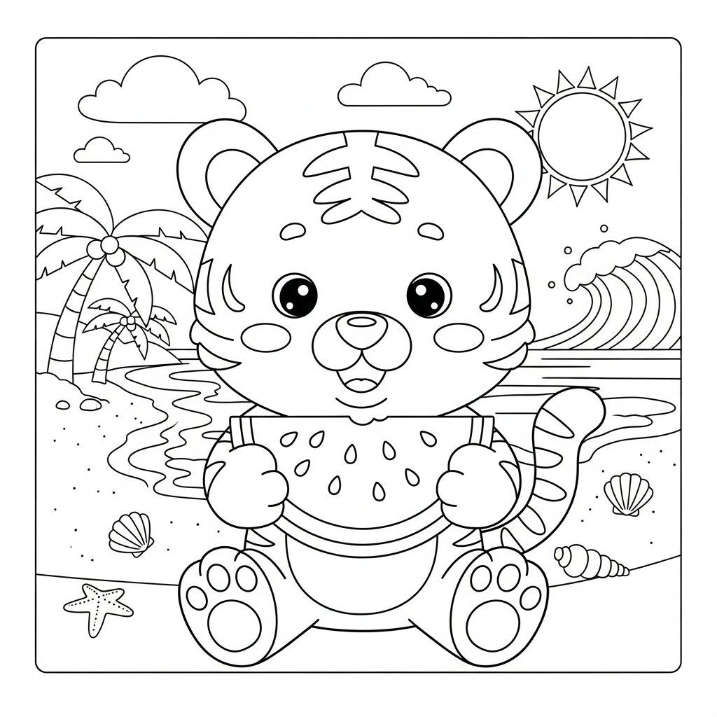 Desenho de tigre para colorir segurando fatia de melancia na praia com palmeiras