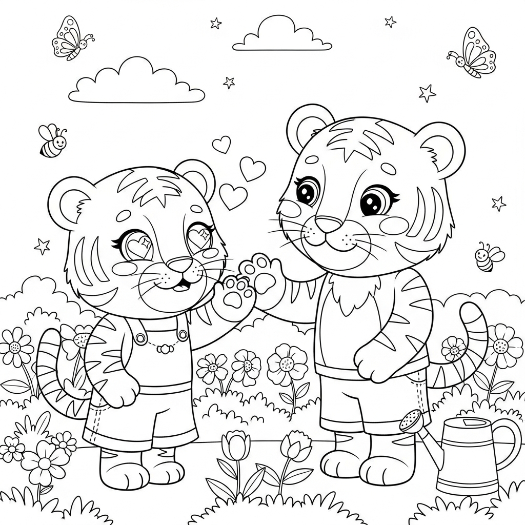 Desenho de tigre para colorir apaixonado com olhos de coração no jardim florido.