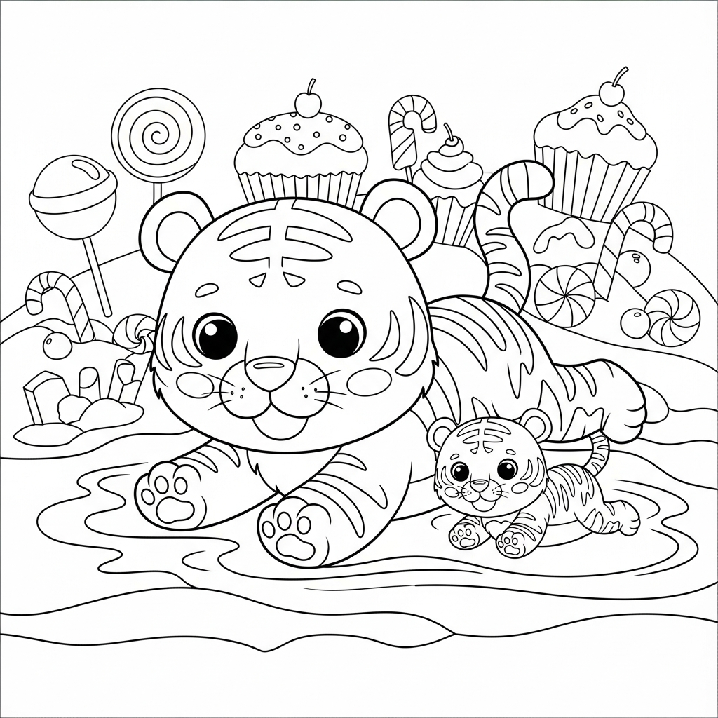 Desenho de tigre para colorir nadando estilo livre na piscina da terra dos doces.