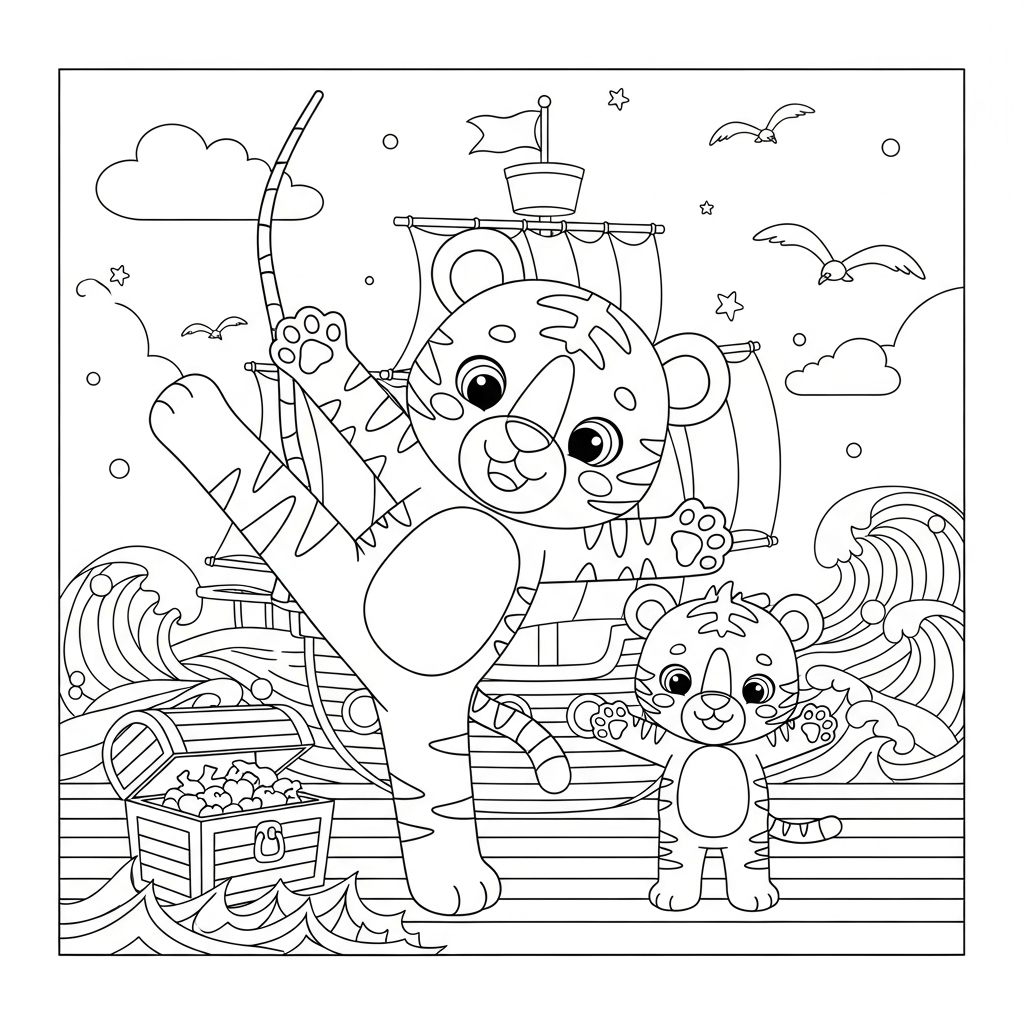 Desenho de tigre para colorir praticando capoeira em ginga no navio pirata.