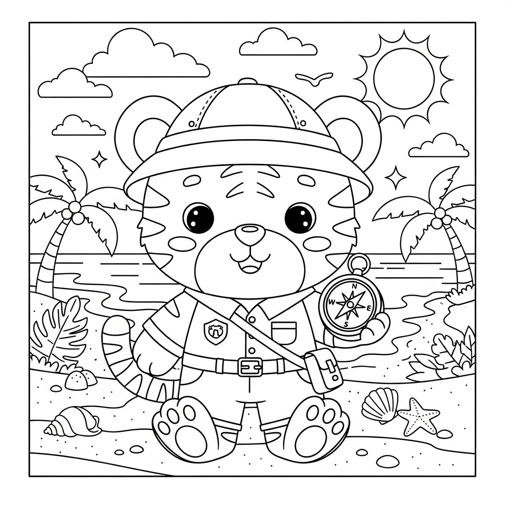 Desenho de tigre para colorir vestido de explorador com bússola na praia com palmeiras
