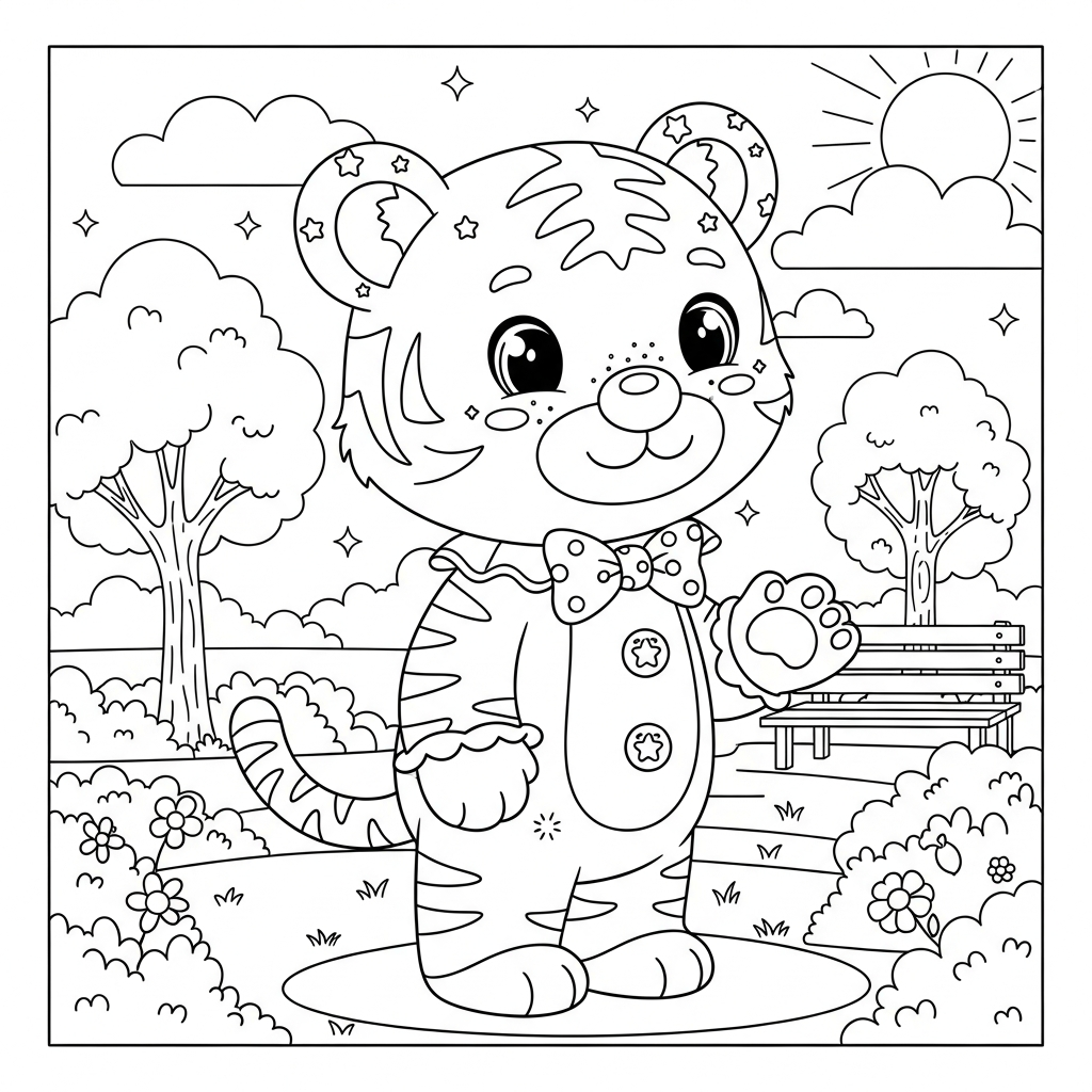 Desenho de tigre para colorir vestido de palhaço em parque ensolarado com árvores.