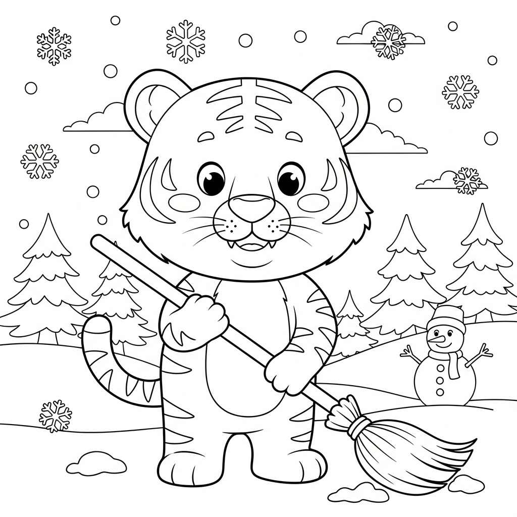 Desenho de tigre para colorir varrendo o chão com vassoura entre pinheiros nevados