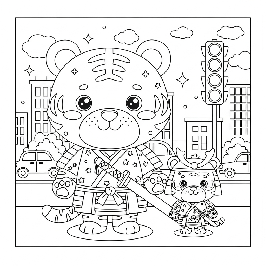 Desenho de tigre para colorir vestido de samurai com katana na rua da cidade