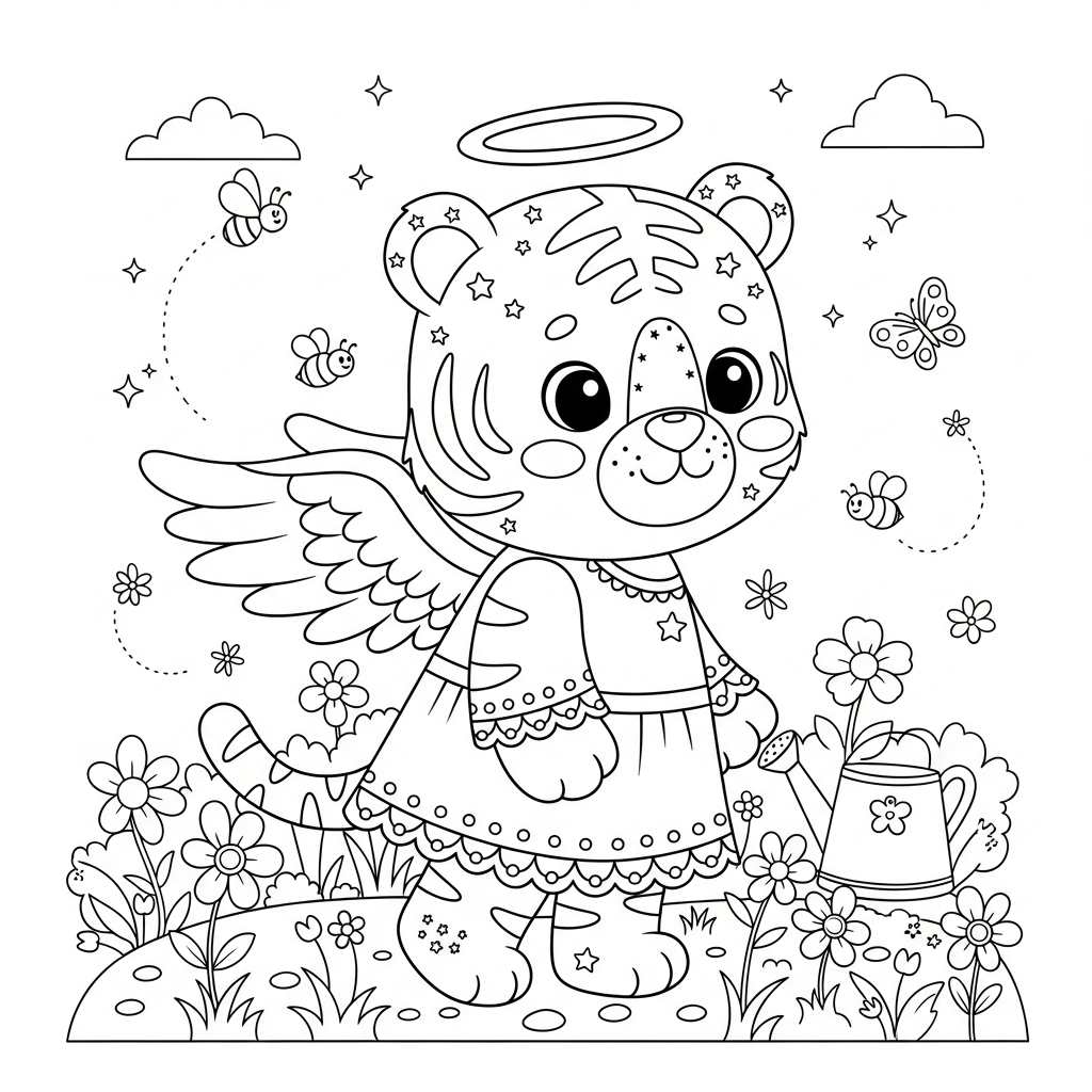 Desenho de tigre para colorir vestido de anjo em jardim com flores e abelhas.