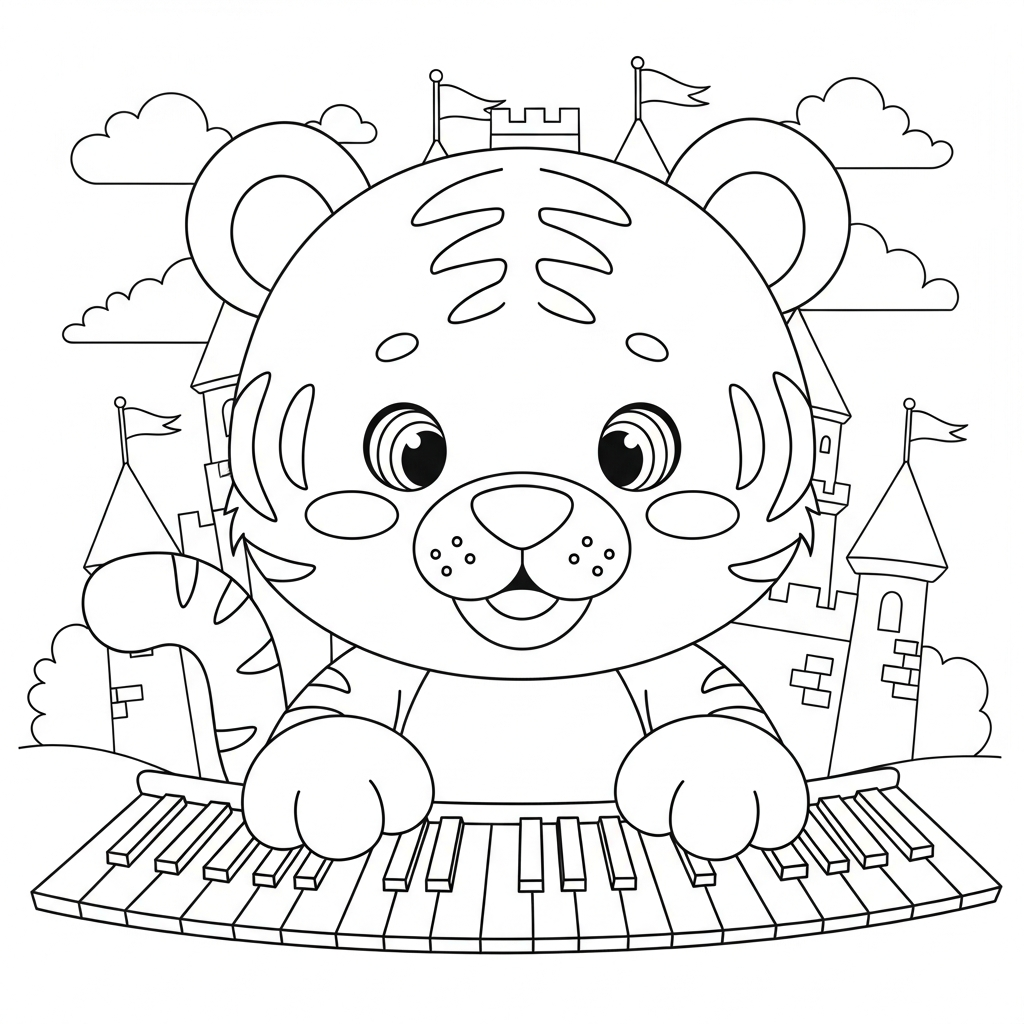 Desenho de tigre para colorir tocando piano com várias teclas em castelo de conto de fadas