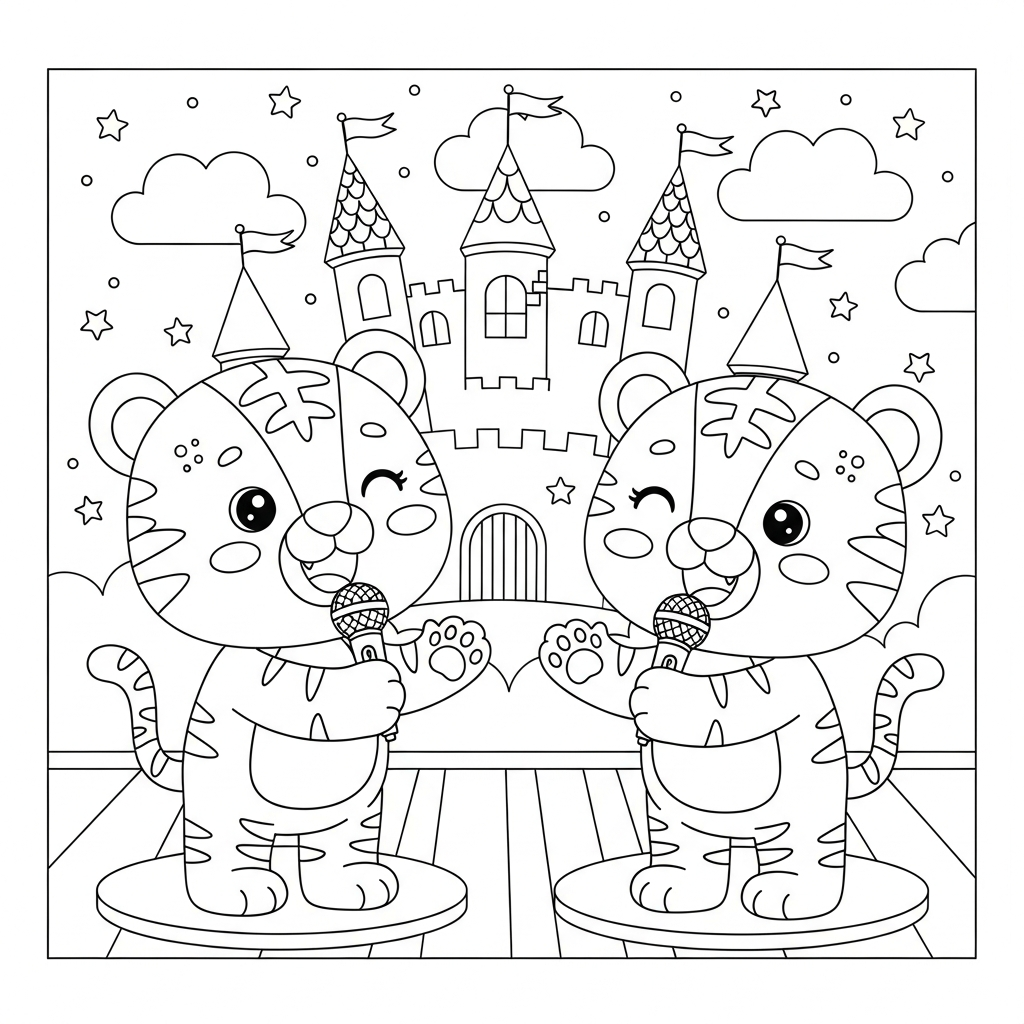 Desenho de tigre para colorir cantando no microfone em palco de castelo encantado.