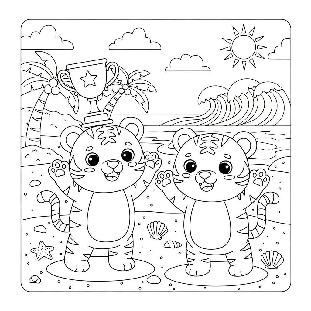 Desenho de tigre para colorir segurando troféu acima da cabeça na praia com palmeiras