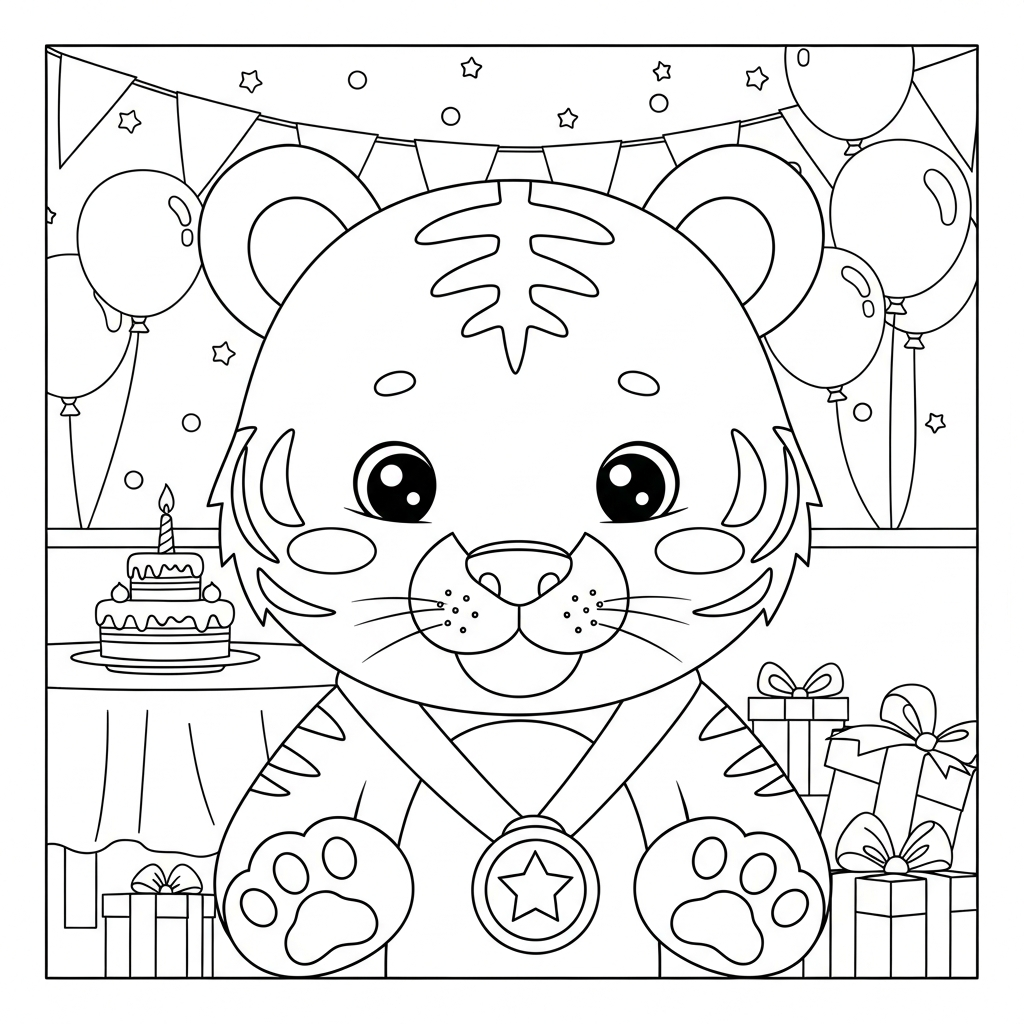 Desenho de tigre para colorir segurando medalha no pescoço em festa de aniversário