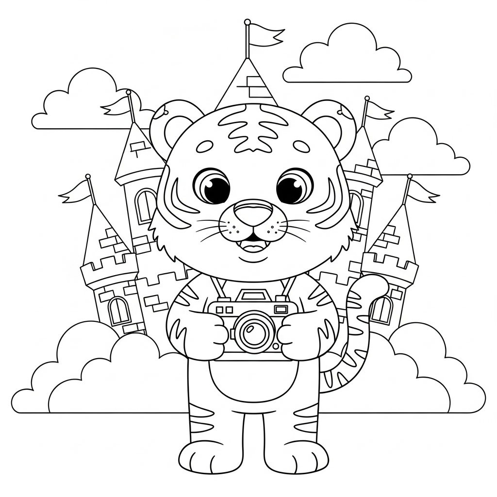Desenho de tigre para colorir segurando câmera antiga em castelo encantado