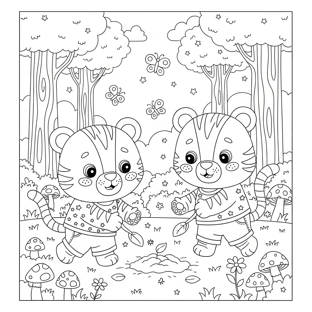Desenho de tigre para colorir plantando semente no canteiro da floresta com cogumelos.