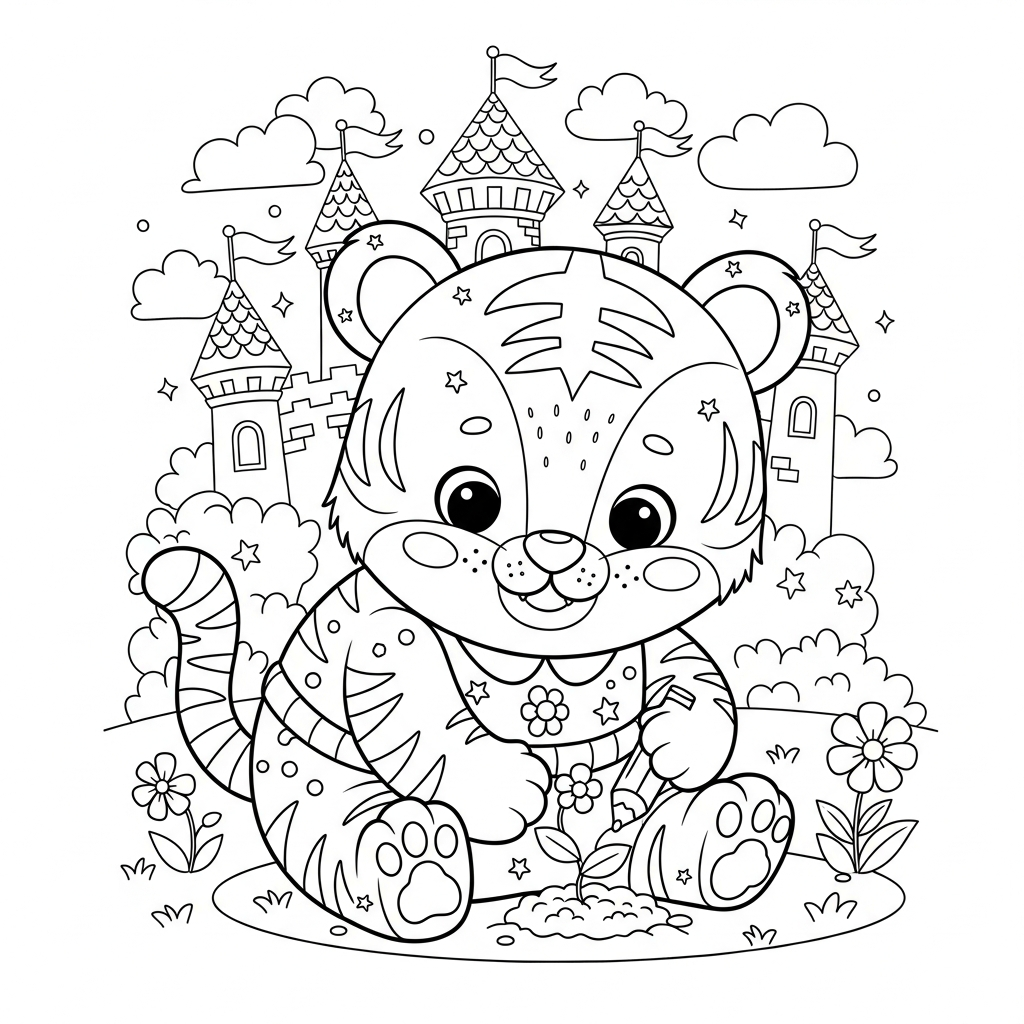 Desenho de tigre para colorir plantando semente no canteiro diante de castelo encantado.