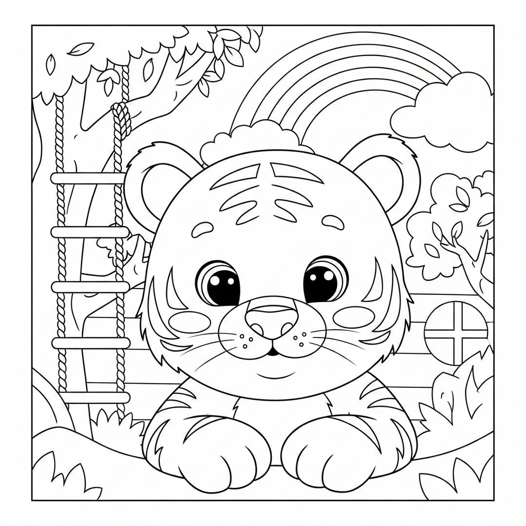 Desenho de tigre para colorir admirando arco-íris no céu da casa na árvore
