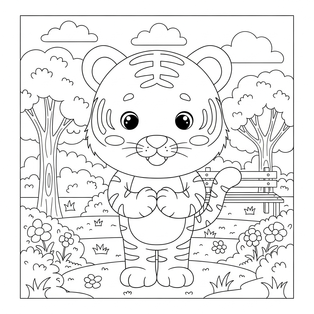 Desenho de tigre para colorir fazendo reverência polida em parque ensolarado com árvores