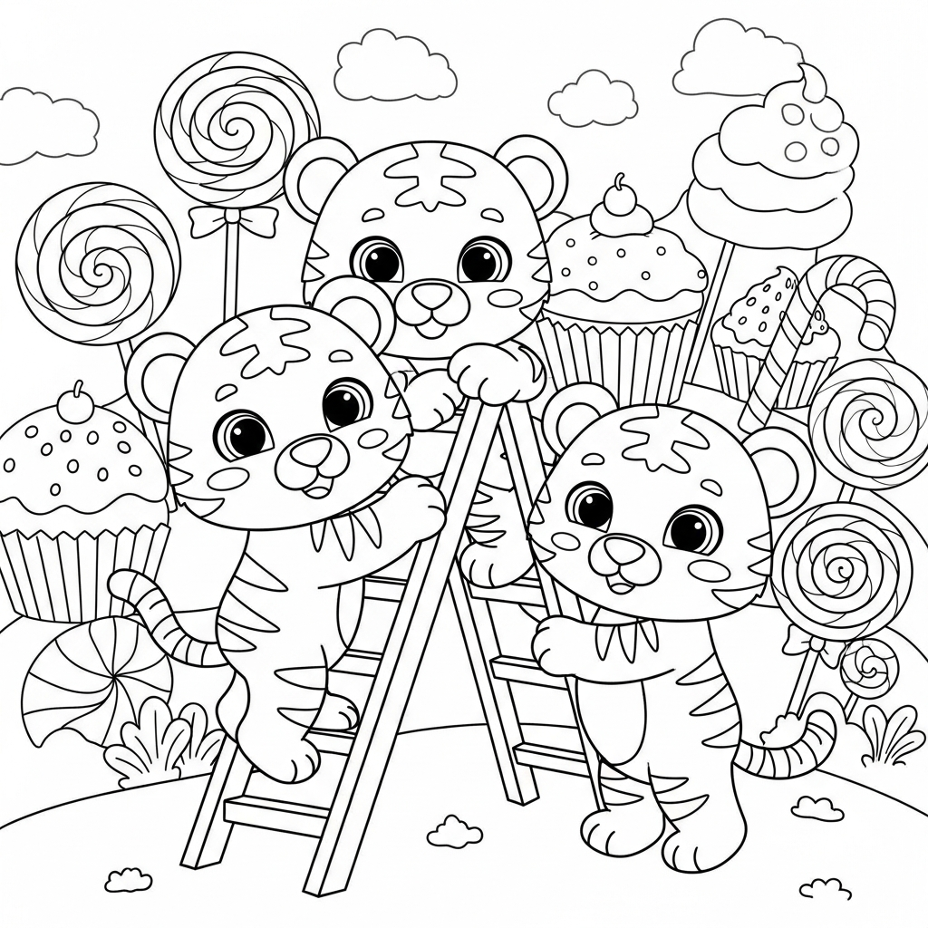 Desenho de tigre para colorir subindo em escada de mão na terra dos doces
