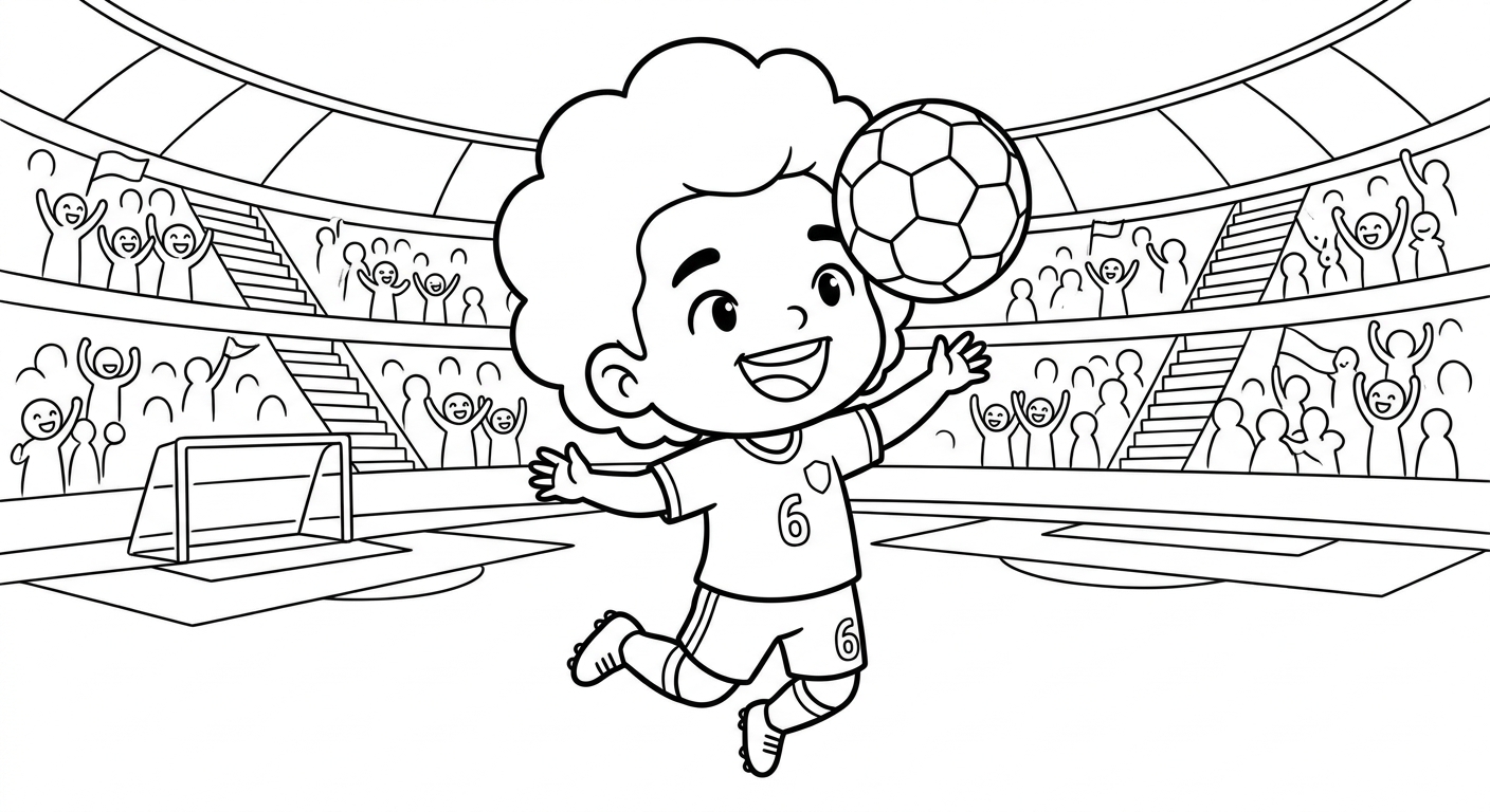 Desenho para colorir do lateral Alex Sandro cabeceando bola no alto em estádio lotado para imprimir